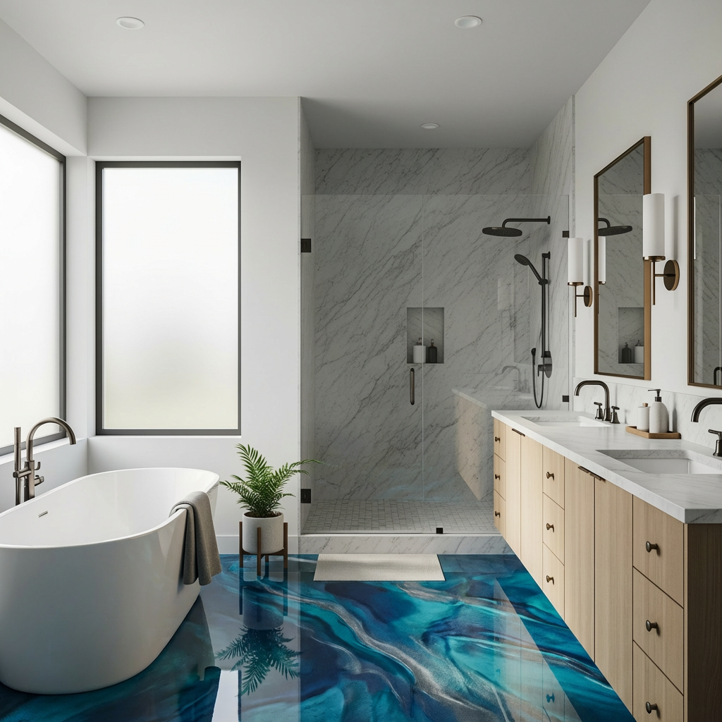 Blue metallic epoxy in a designer powder room