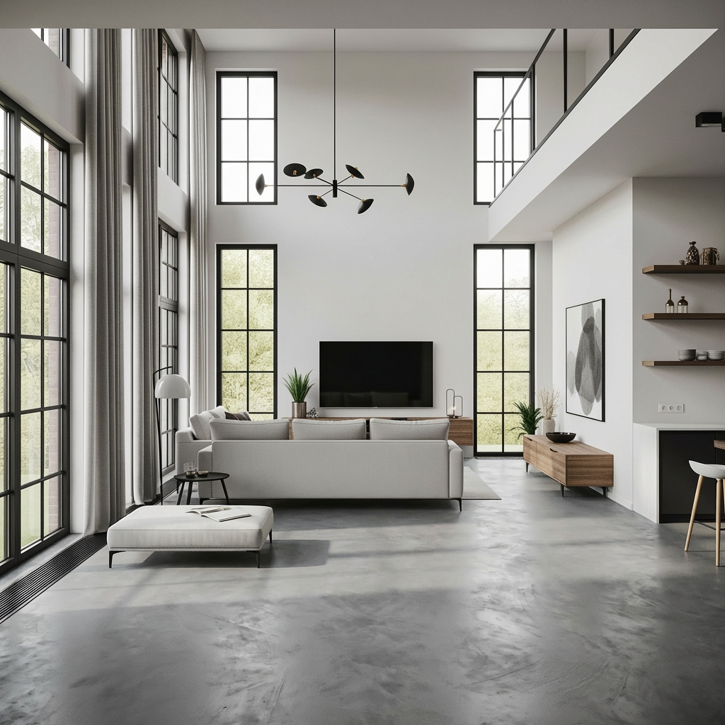 Polished concrete effect epoxy in a living room