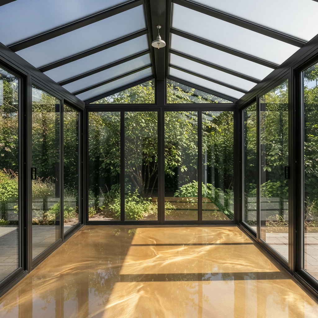 Gold metallic epoxy in a glass sunroom
