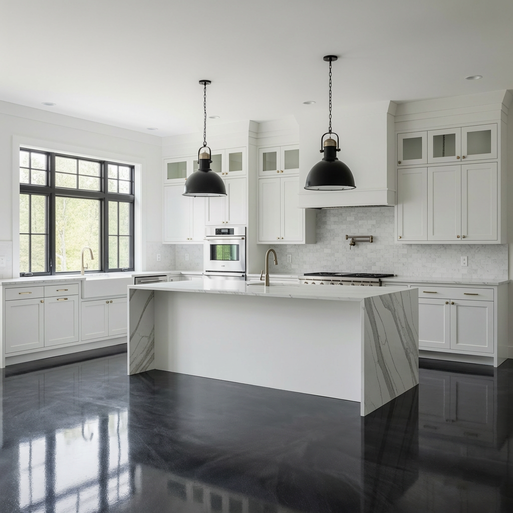 Dark charcoal metallic epoxy in a moody kitchen