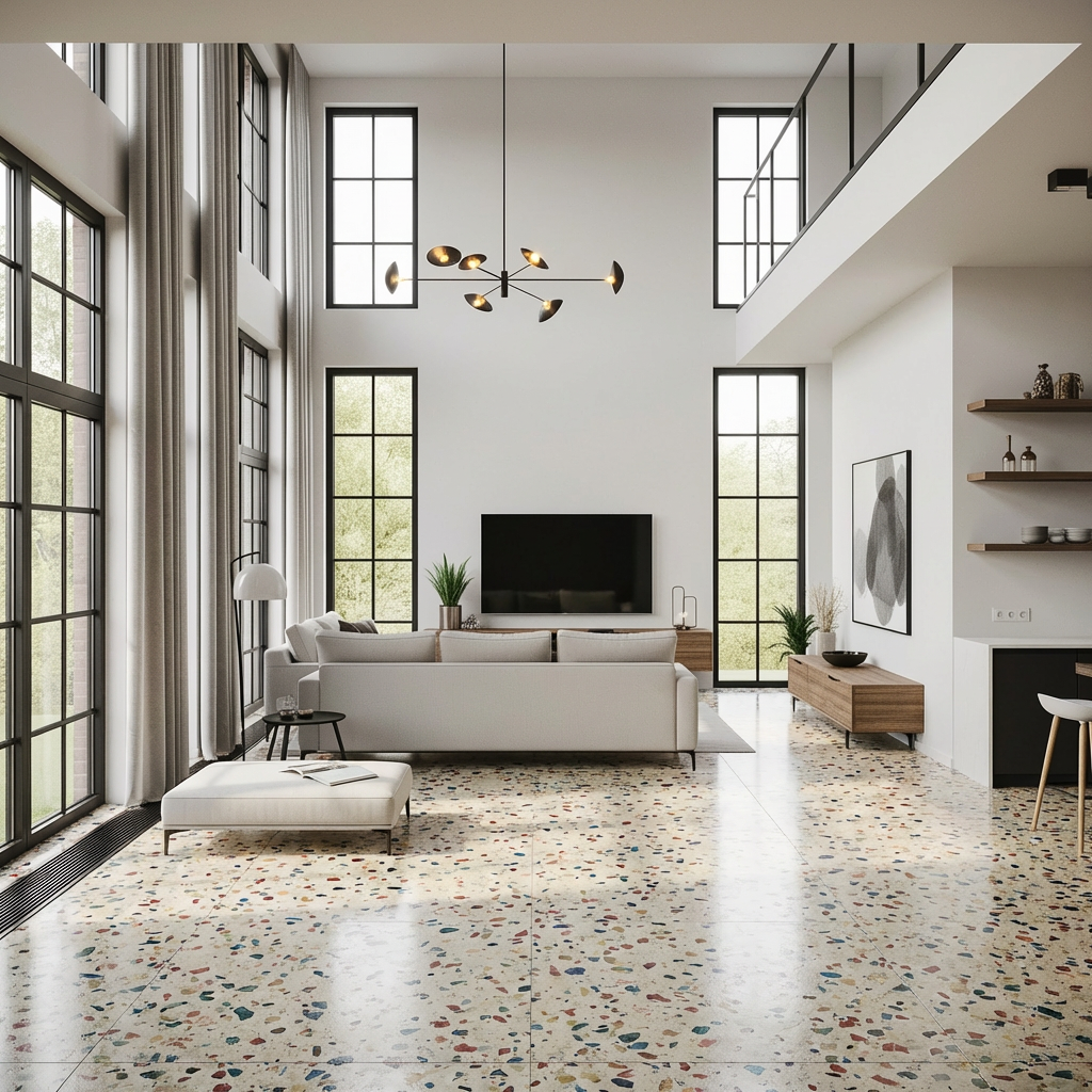 Terrazzo-style epoxy floor in a home entryway