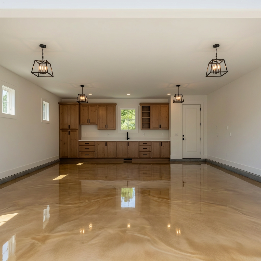 Gold metallic epoxy floor in a spacious garage