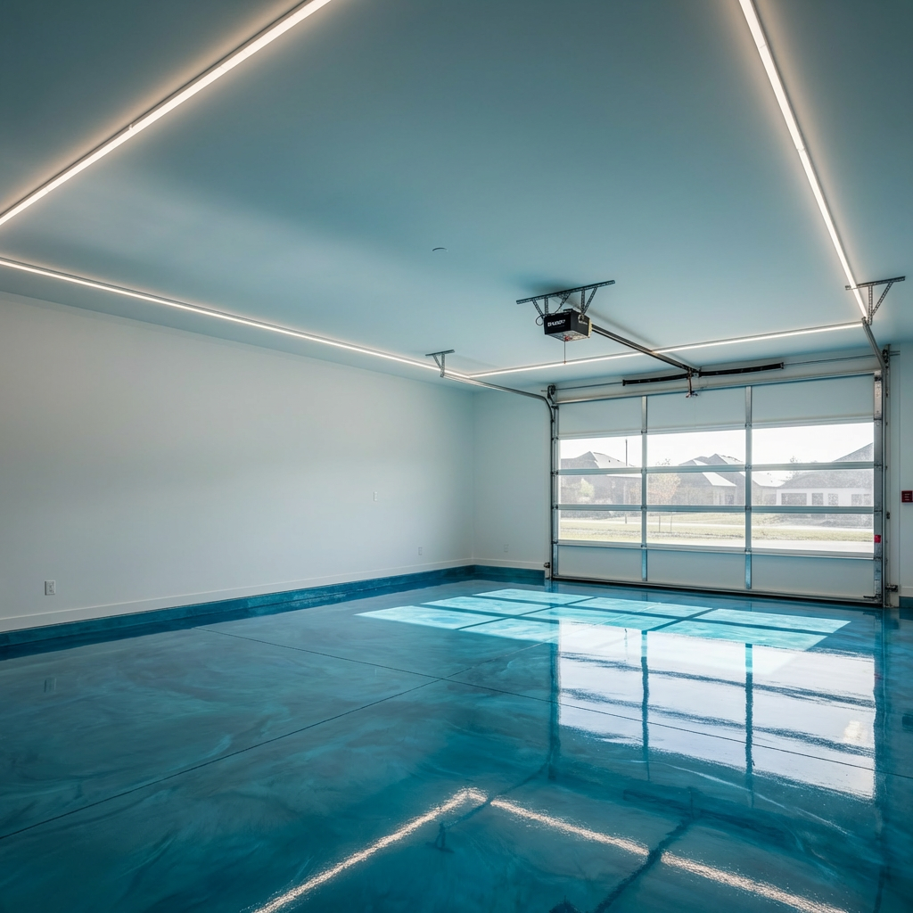 Ocean blue metallic epoxy floor in a premium garage
