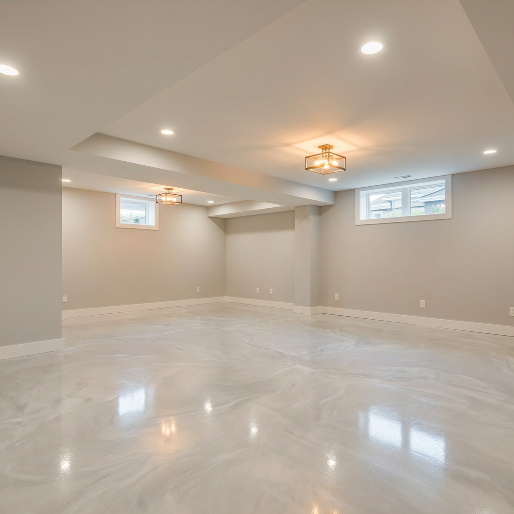 Pearl white metallic epoxy floor in a finished basement
