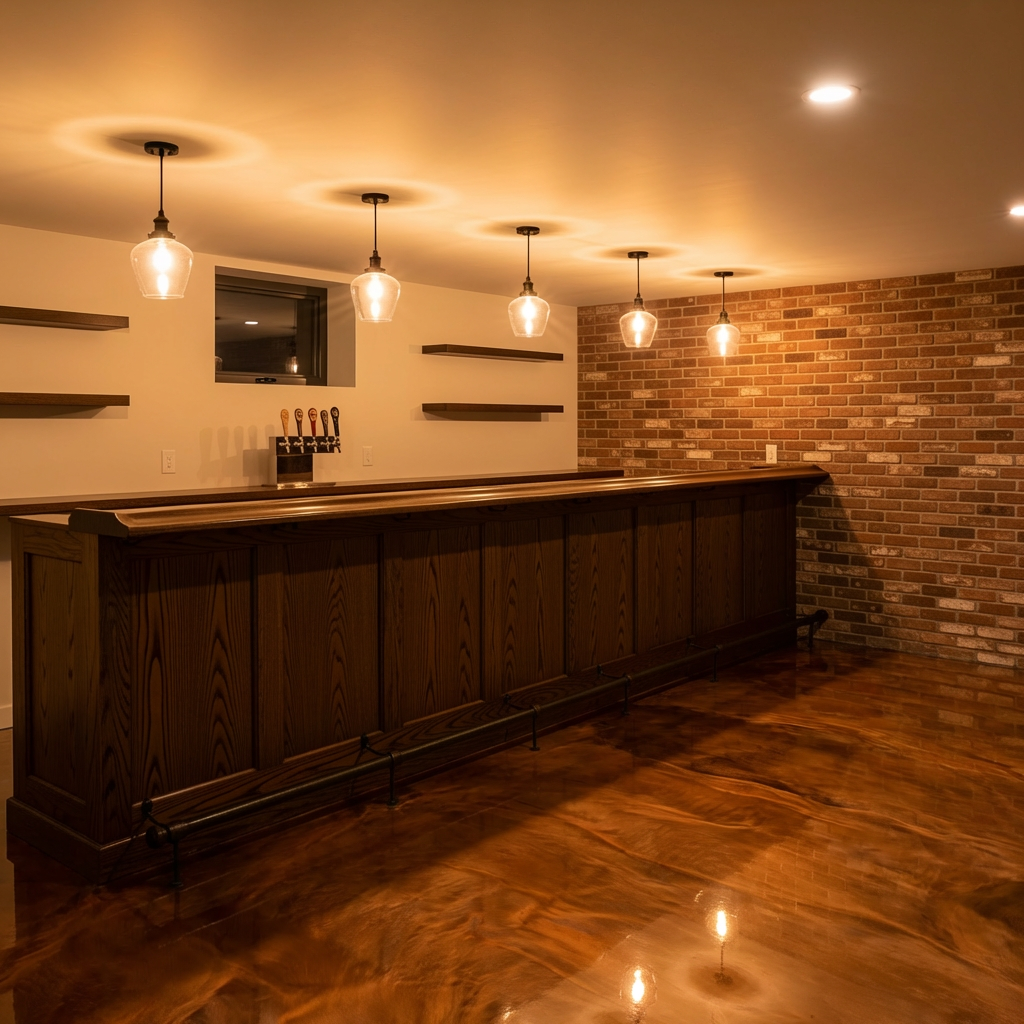 Copper metallic epoxy floor in a basement bar area
