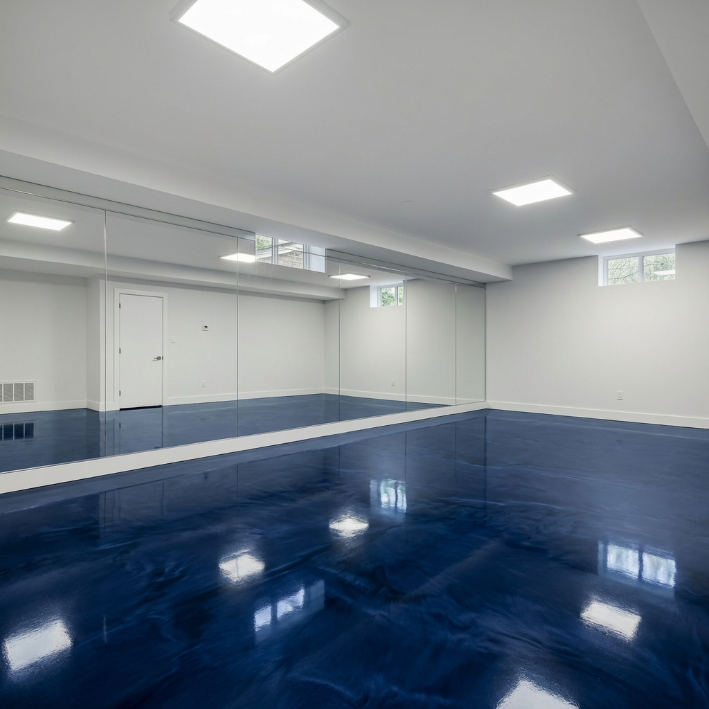 Deep blue metallic epoxy floor in a modern basement
