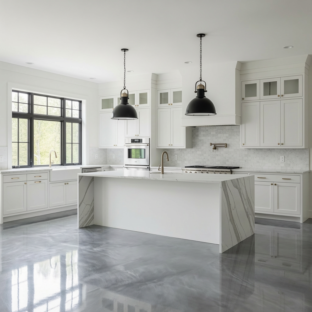 Silver metallic epoxy floor in a contemporary kitchen