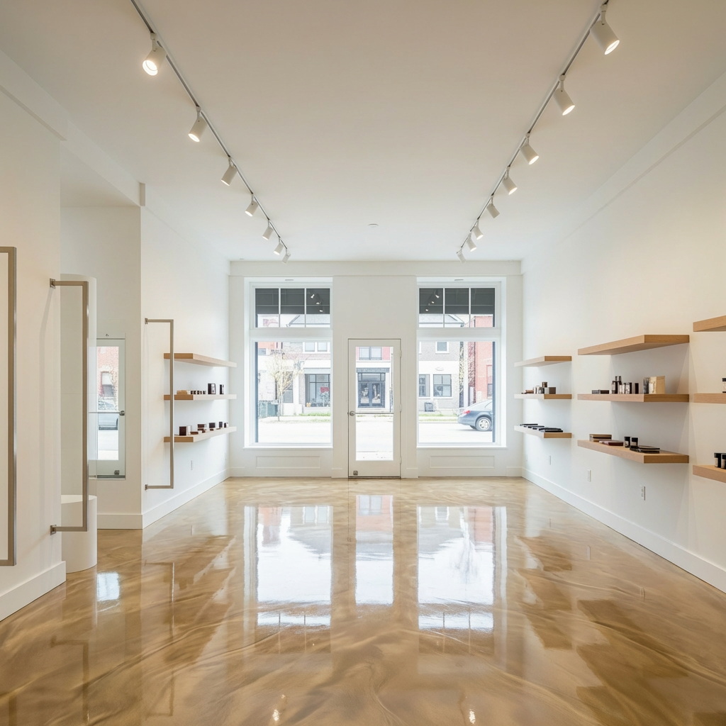 Gold metallic epoxy floor in a retail showroom