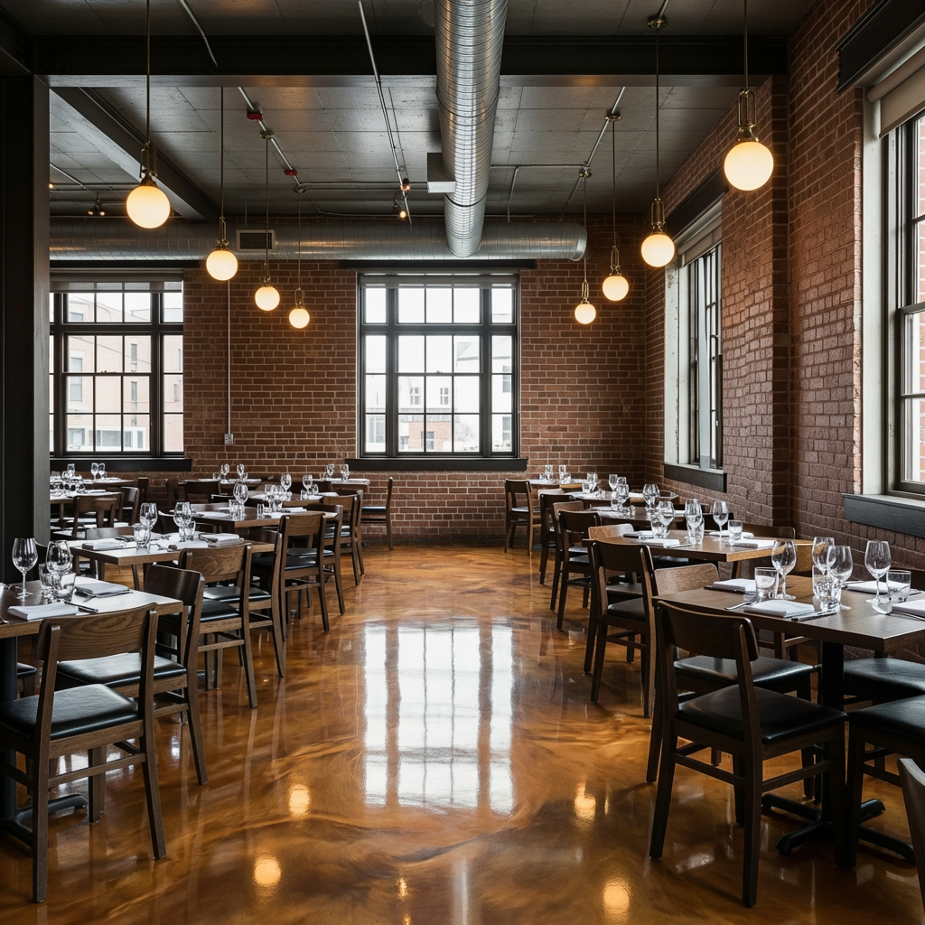 Copper metallic epoxy floor in an upscale restaurant