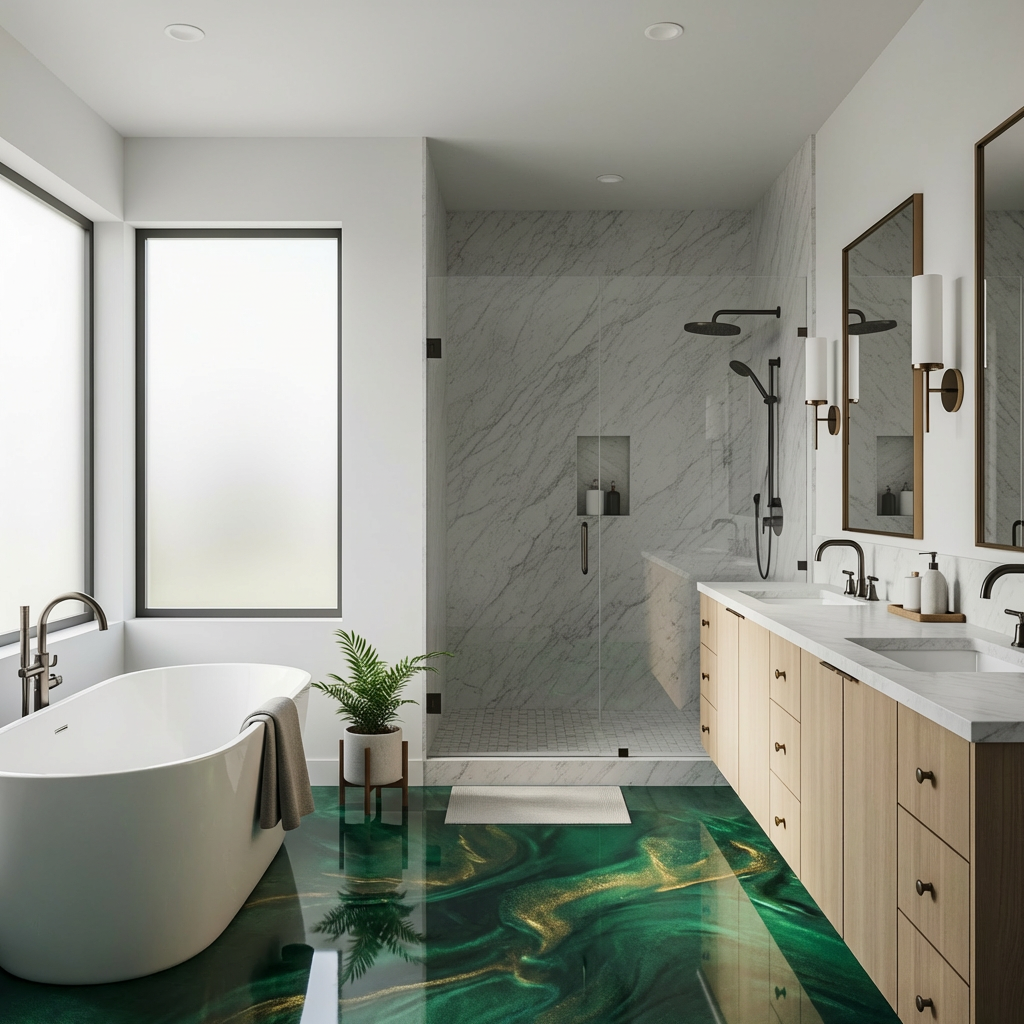 Emerald green metallic epoxy floor in a spa bathroom