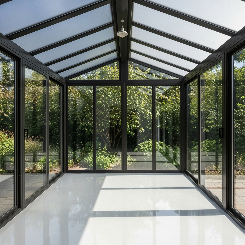 Pearl white metallic epoxy floor in a bright sunroom