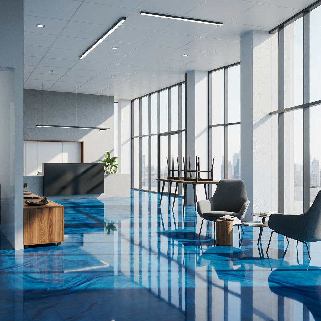 Ocean blue metallic epoxy floor in a modern office lobby