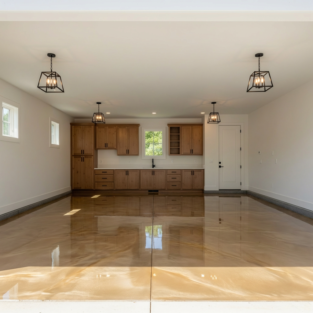 Gold metallic epoxy in a classic car garage