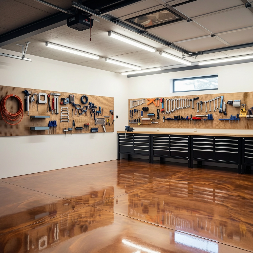 Copper metallic epoxy in a warm-toned garage