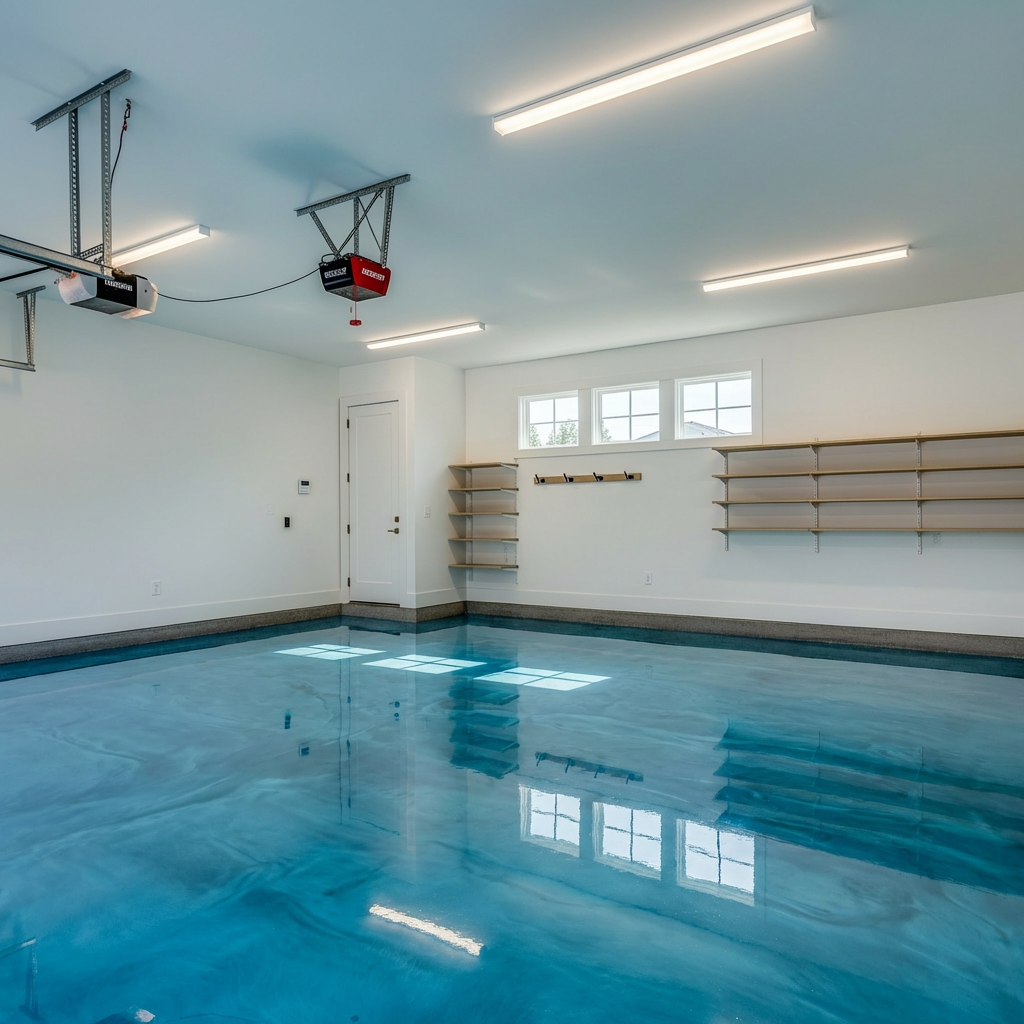 Ocean blue metallic epoxy in a modern garage