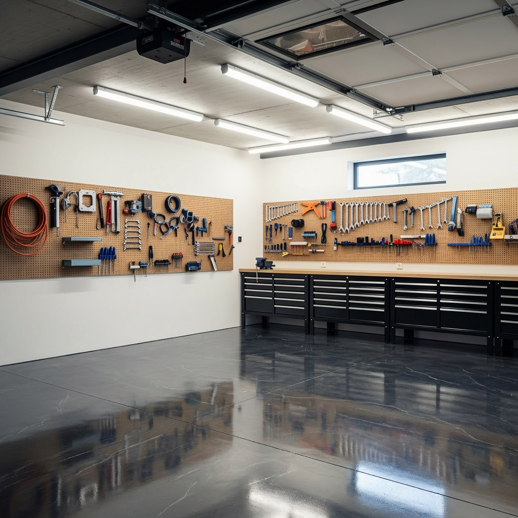 Charcoal metallic epoxy in a workshop garage