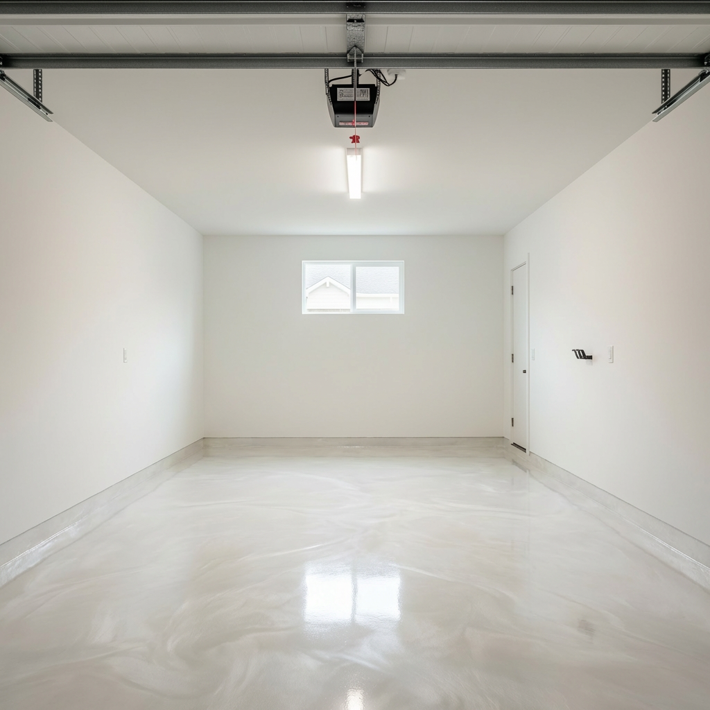 Pearl white metallic epoxy in a minimalist garage