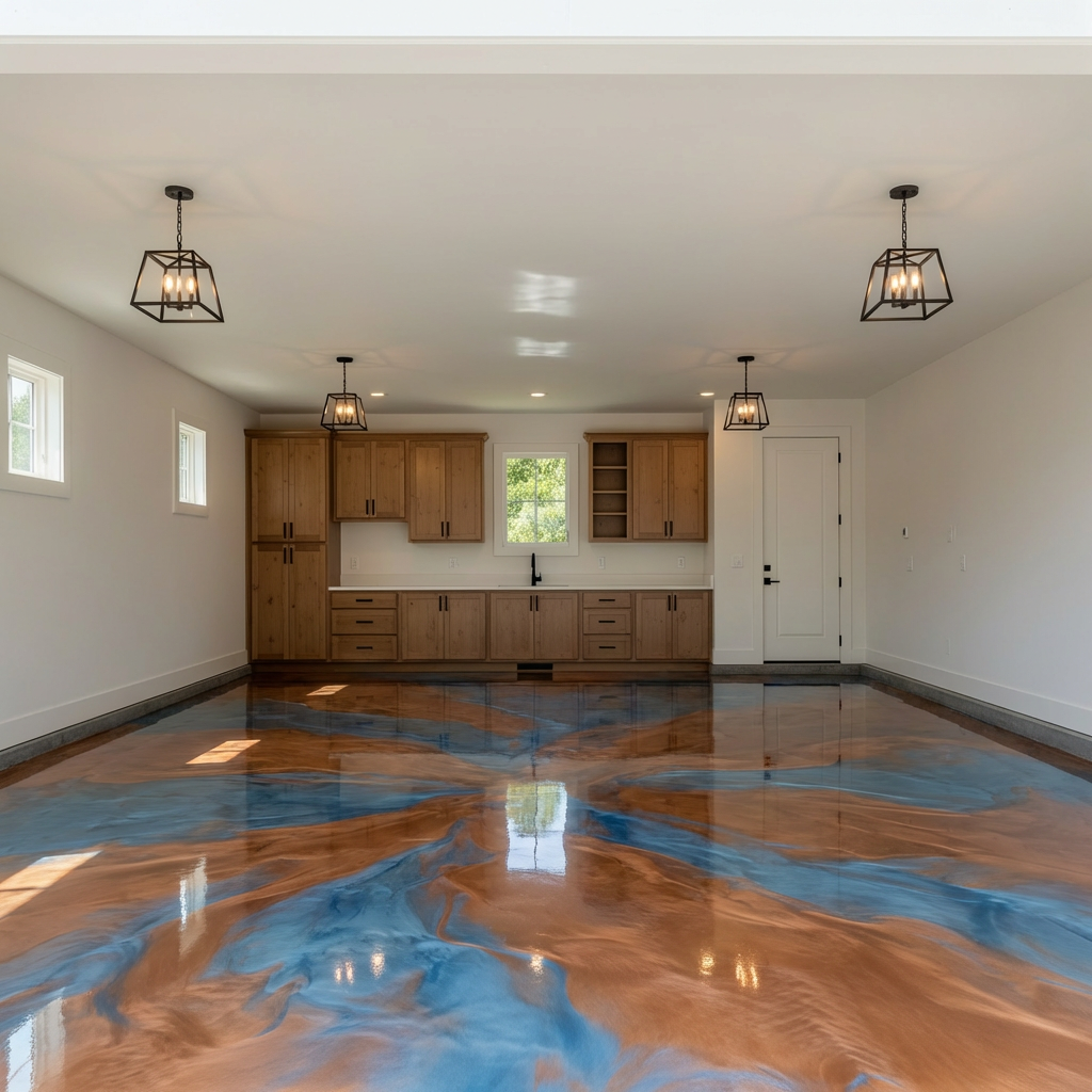 Copper and blue dual-tone metallic epoxy garage floor