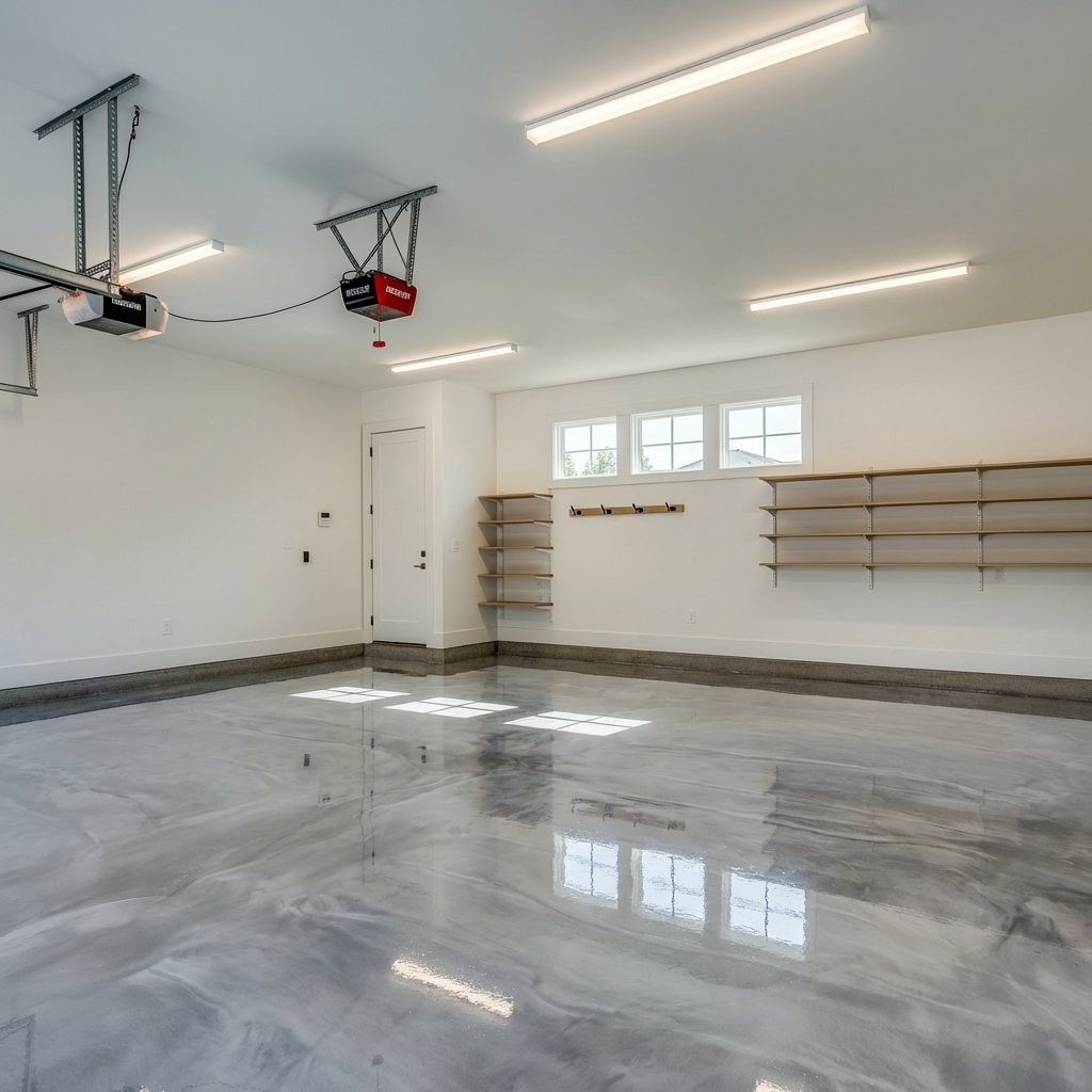 Silver metallic epoxy in a garage home gym