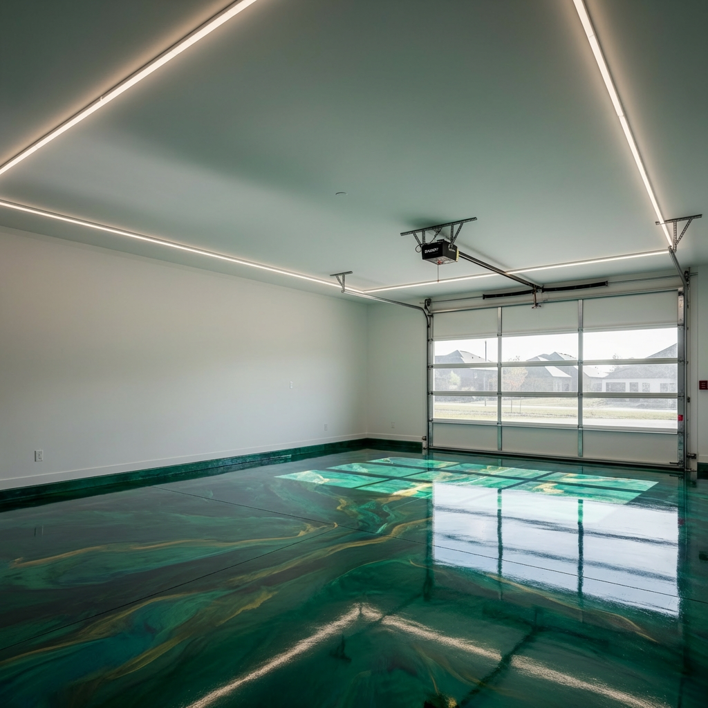 Emerald green metallic epoxy garage floor