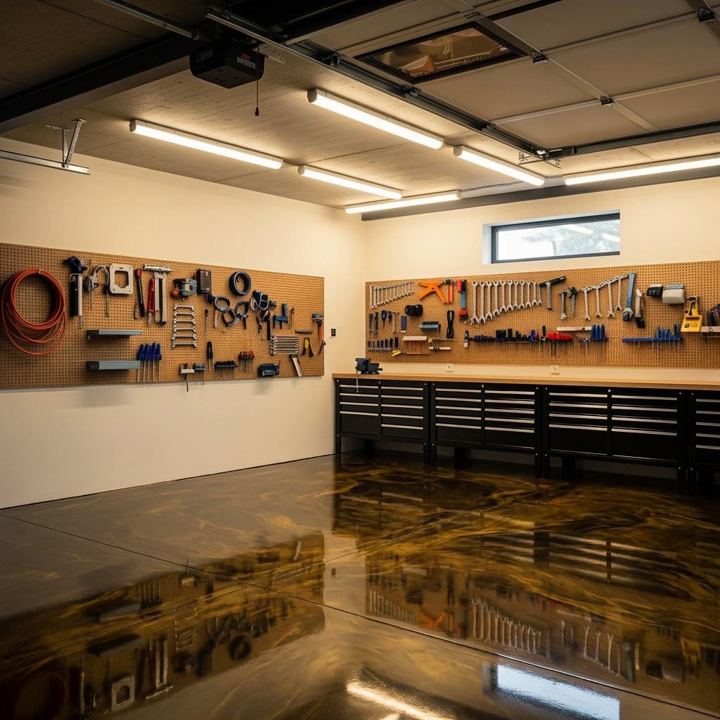 Dark gold metallic epoxy in a moody lit garage