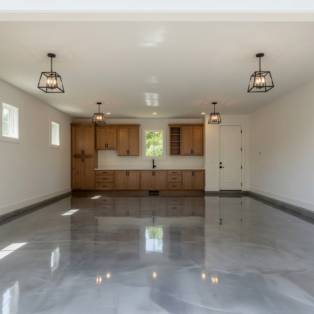 Silver metallic epoxy across a wide 4-car garage