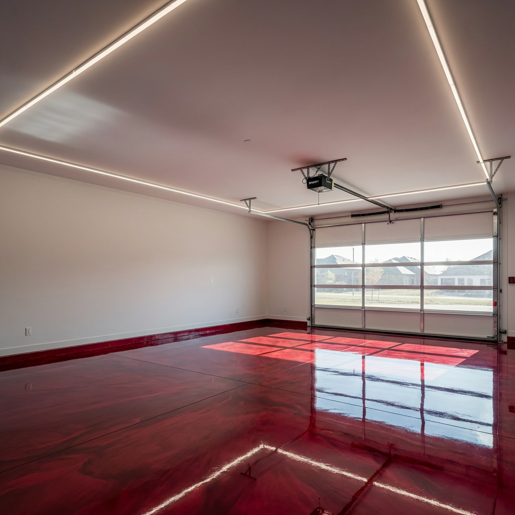 Candy red metallic epoxy in a car enthusiast garage