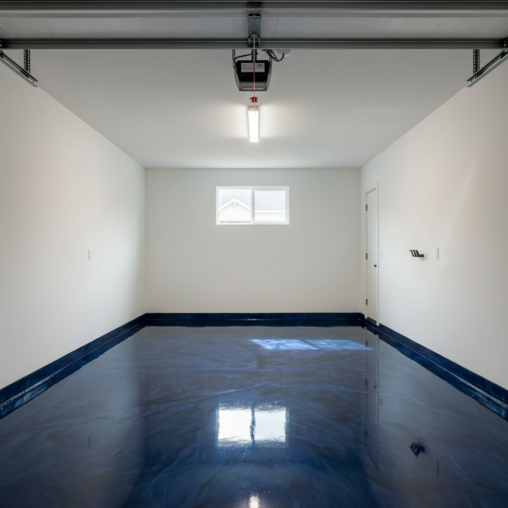 Midnight blue metallic epoxy in a premium garage