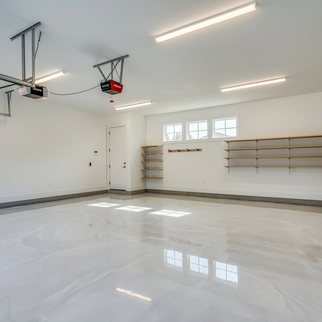Pearl white metallic epoxy in a spacious garage
