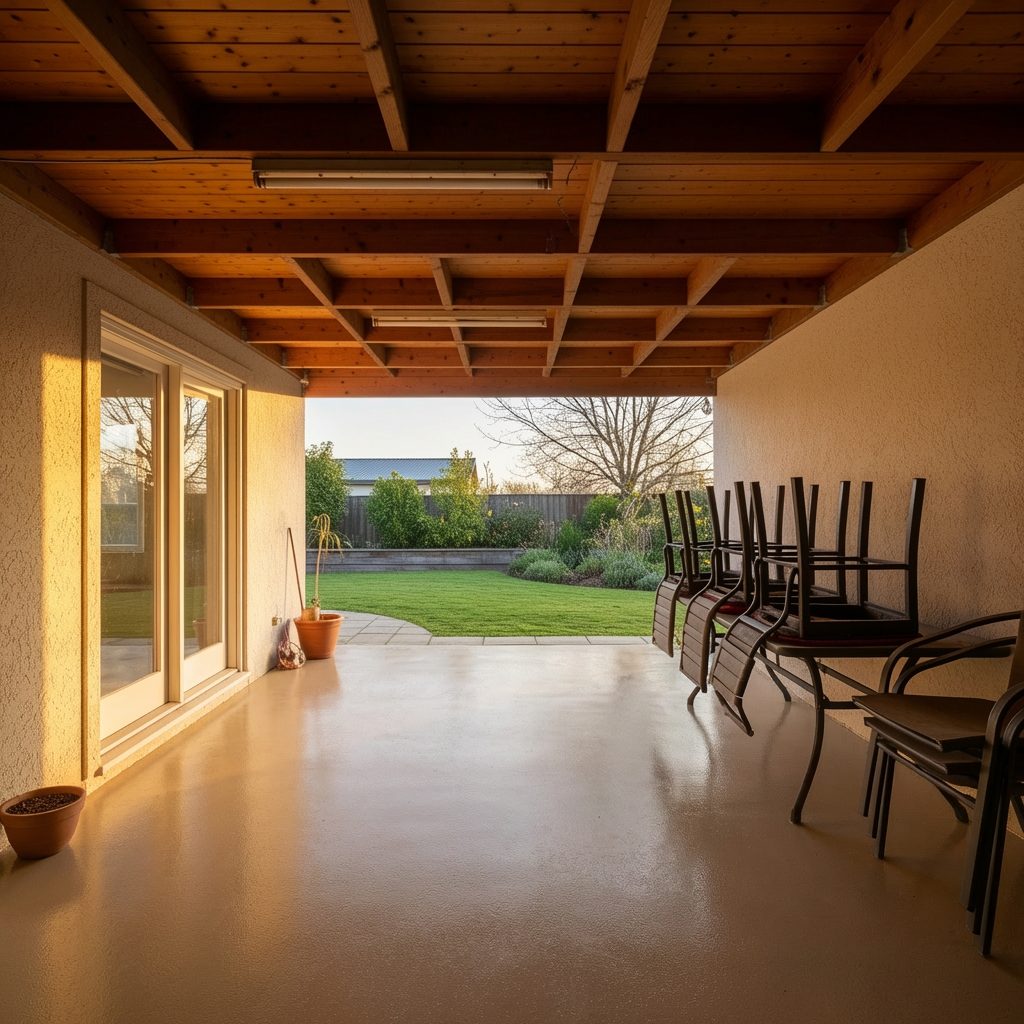 Tan polyaspartic coating on a covered patio