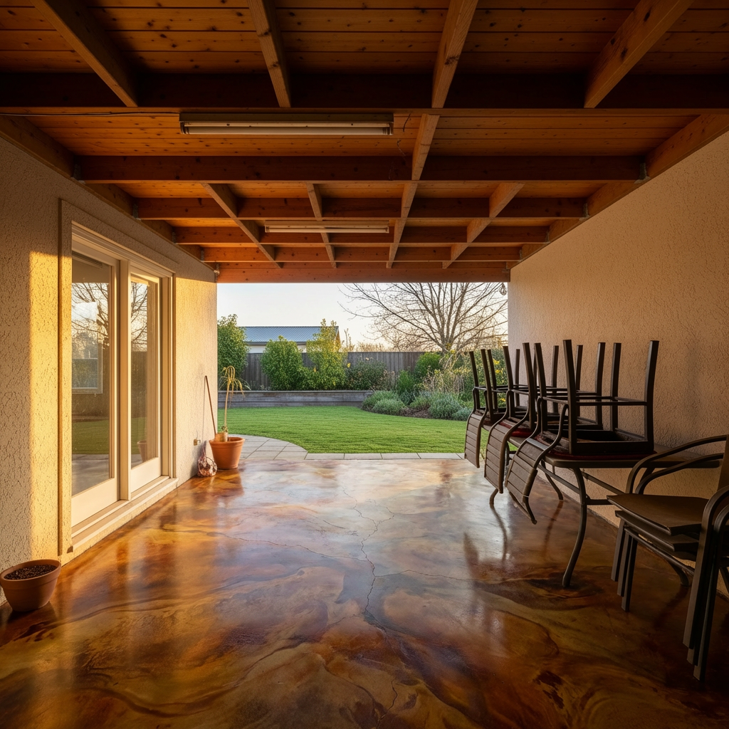 Multi-color acid stain on a patio with organic patterns