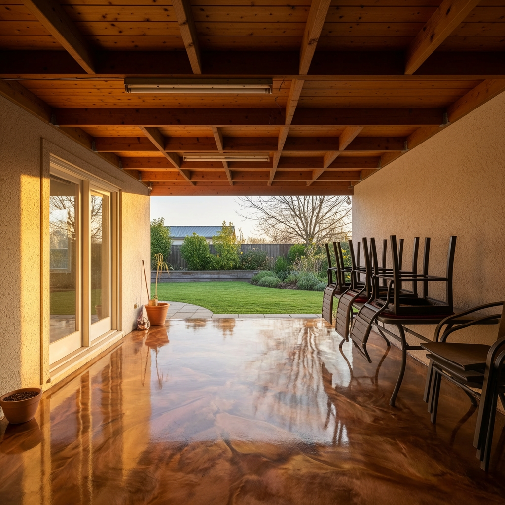 Copper metallic epoxy on a luxury covered patio
