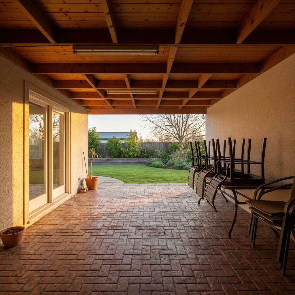 Stamped concrete walkway with brick pattern