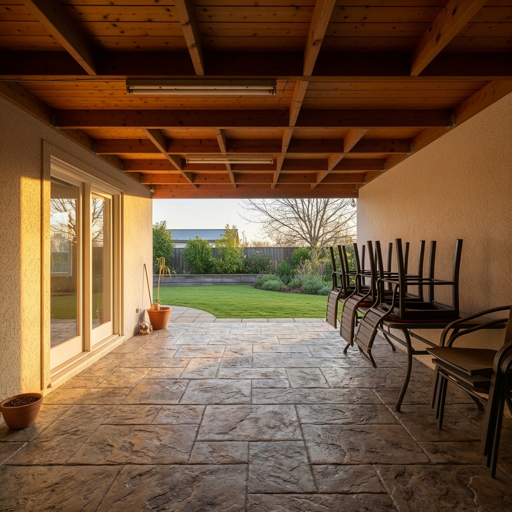 Decorative concrete finish under an outdoor kitchen